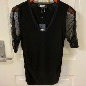 DKNY Black V Neck Top with Sheer Sleeves